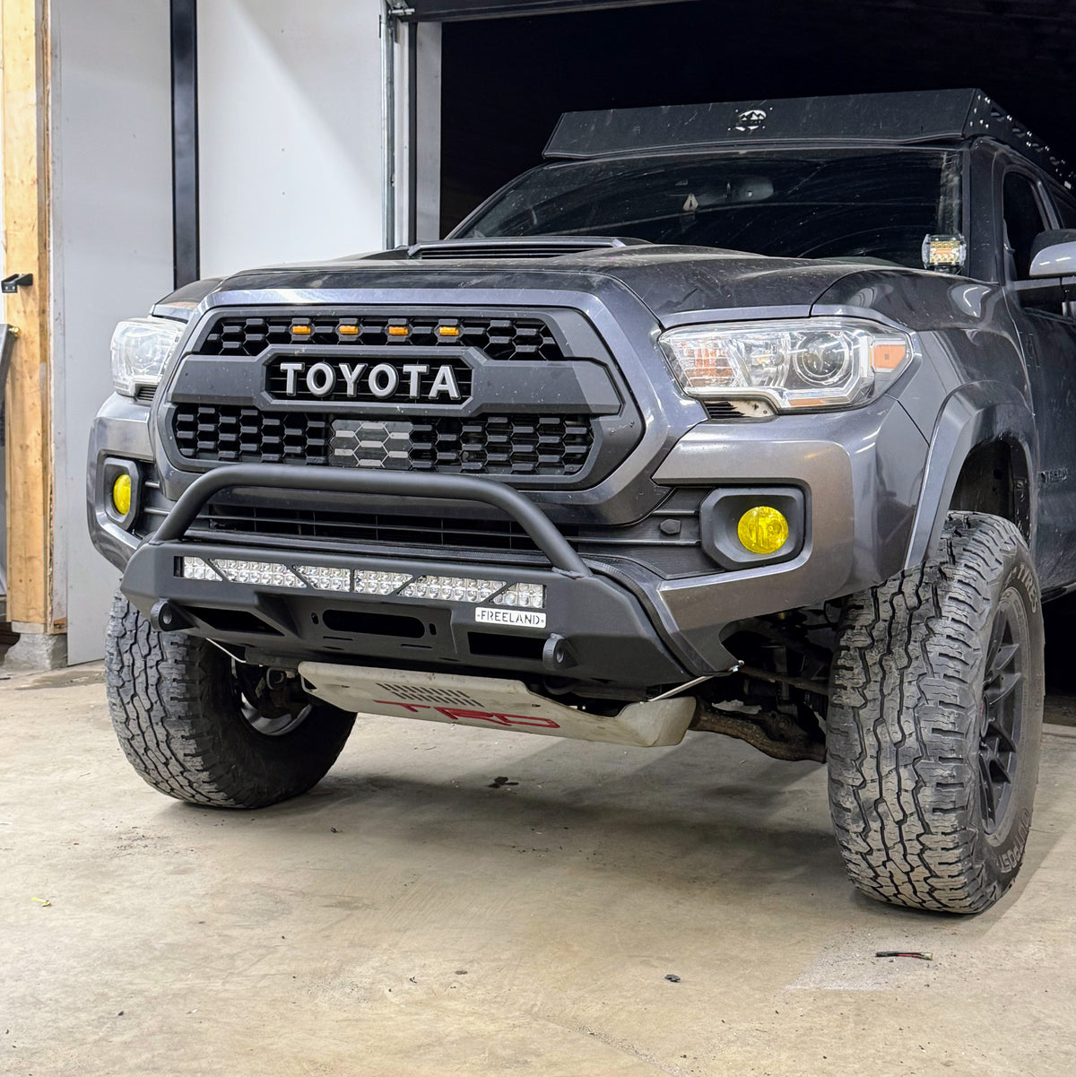 Nate Compart’s 2023 Toyota Tacoma with Freeland low-profile front bumper, front three-quarter view.
